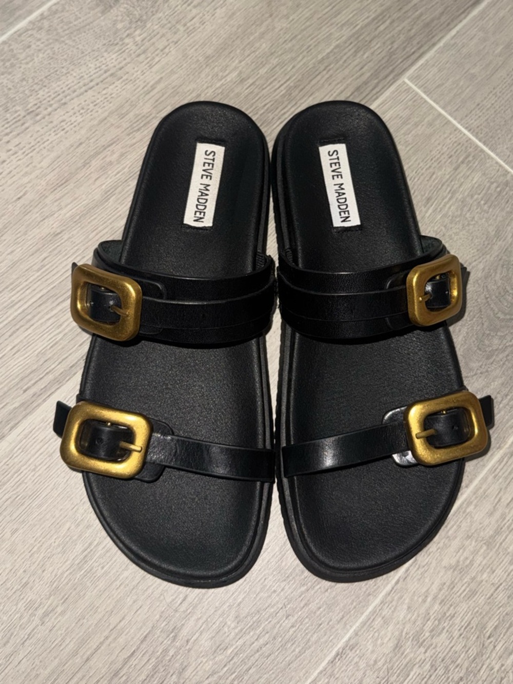 Steve Madden Black Slide Sandals with Gold Buckles